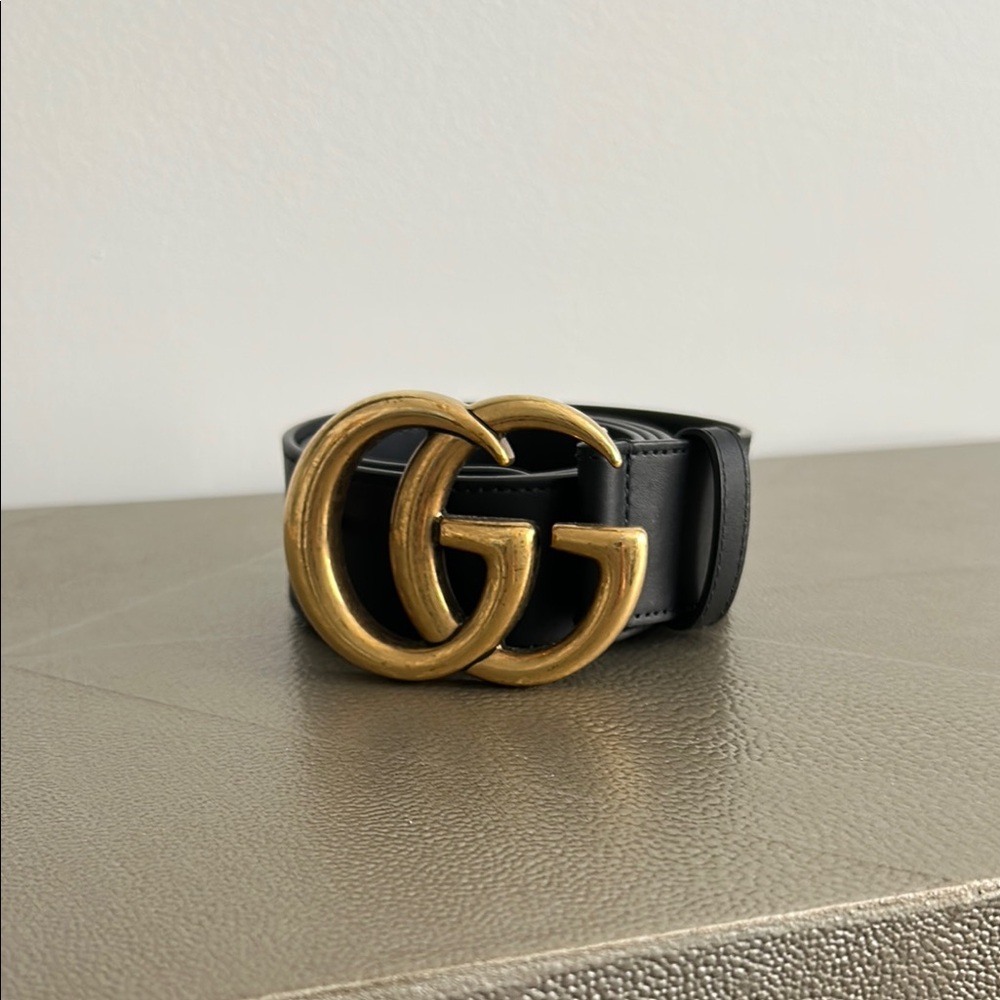 Gucci Wide Marmont Black Belt with Gold GG Buckle